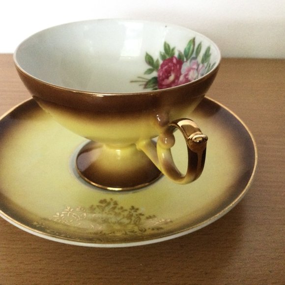 Castle Japan China Tea Cup and Saucer Set Vintage Japanese gold yellow floral - Picture 3 of 5